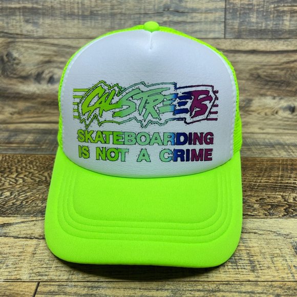 Calstreets Mens Trucker Hat Neon Green Skateboarding Is Not A Crime Baseball Cap - Picture 2 of 8